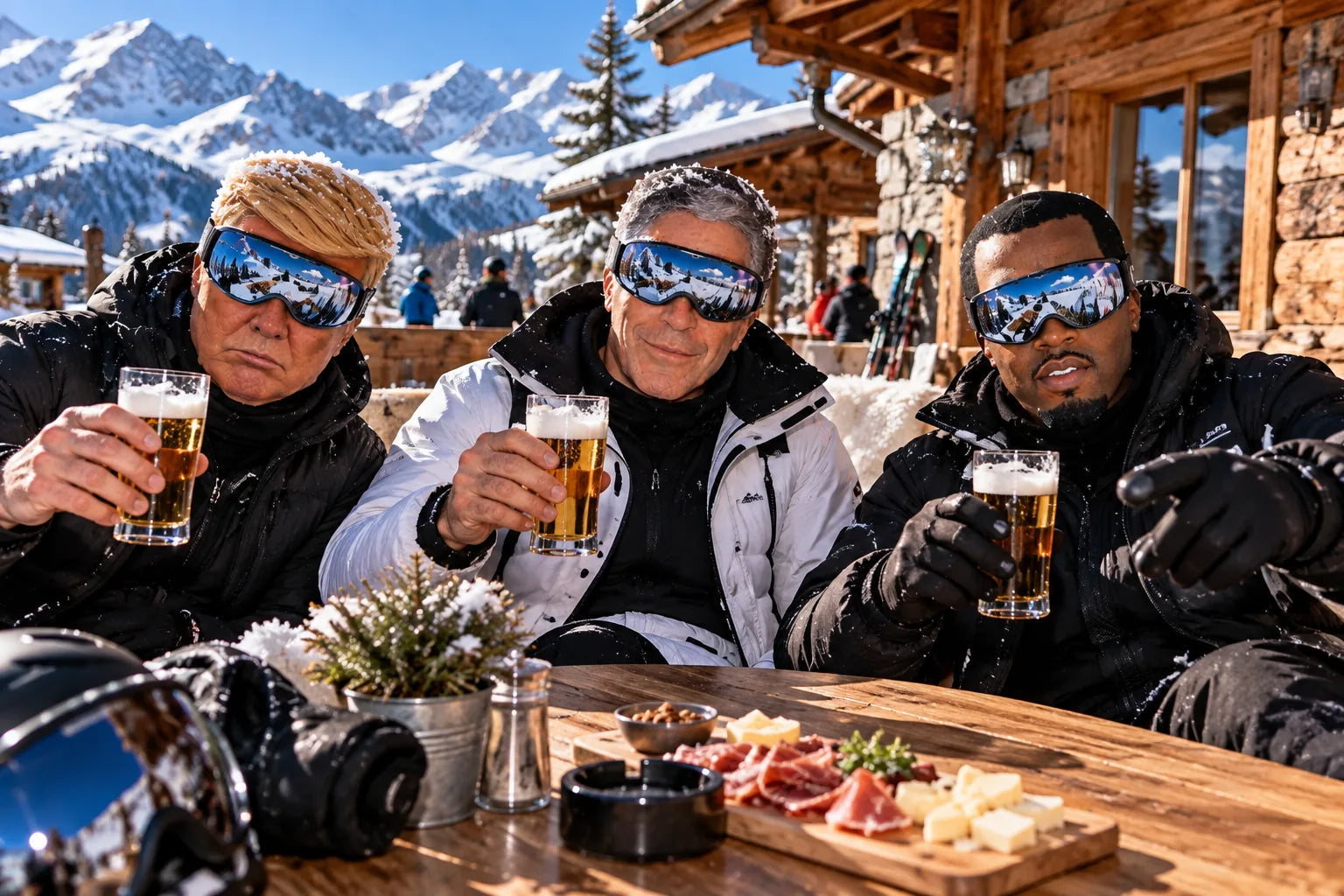 Realistic face ski mask worn with ski goggles on the slopes